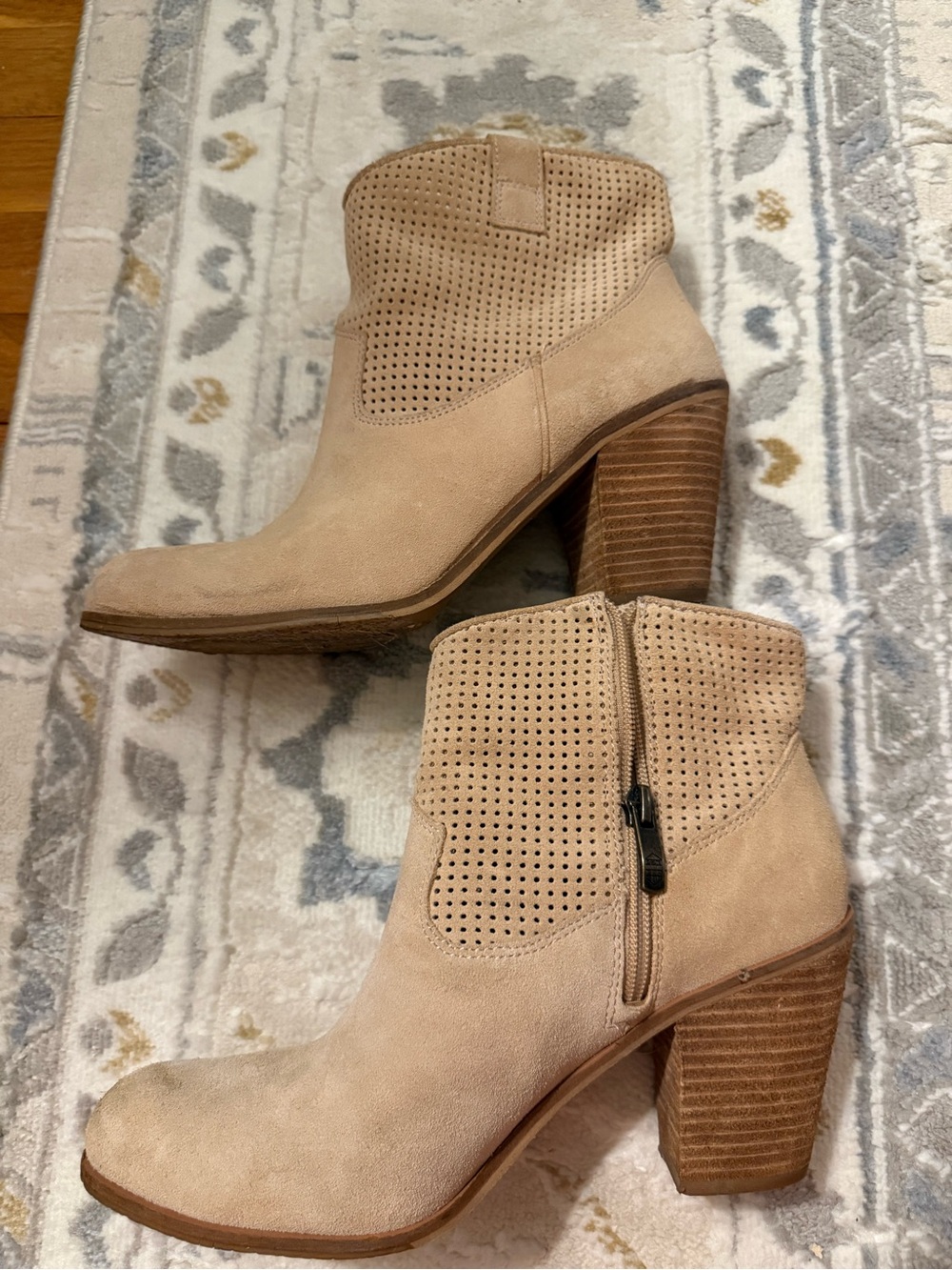 Vince Camuto  Beige Suede Perforated Block Heel Ankle Boots